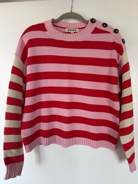 Boden Red and Pink Striped Button-Shoulder Crew Sweater